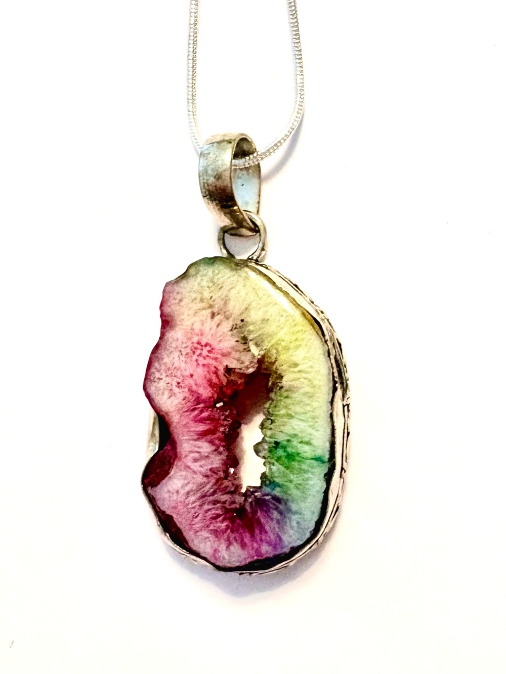 Natural, 1/2 inch, 925 marked, Rainbow Solar Quartz pendant on a silver chain